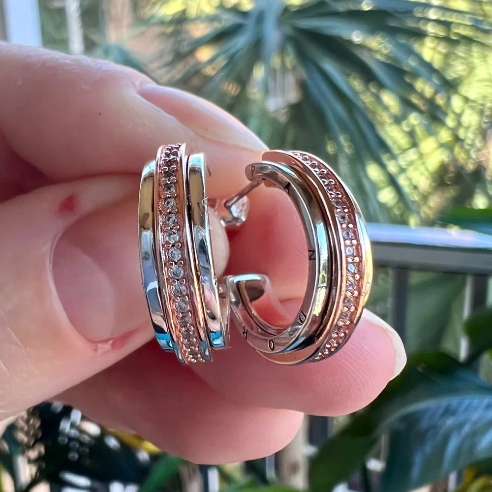 Pandora Logo Two tone & Pavé Hoop Earrings - Picture 4 of 10